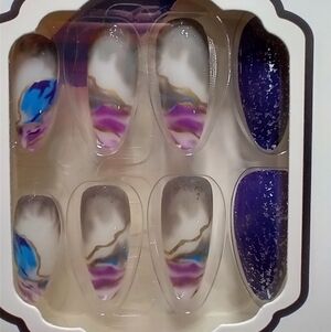 Press on nails purple glitter white blue marble nail set